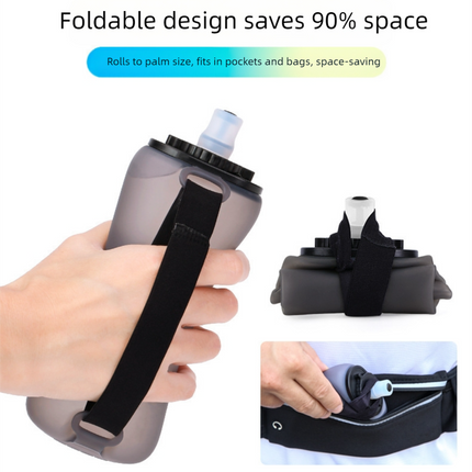 Yellow Collapsible Handheld Running Flask - 350ml Lightweight Silicone Water Bottle with Bite Valve.