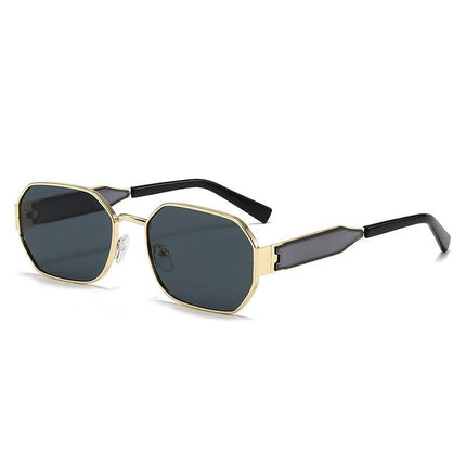 Gold Frame and Black Grey Lenses Modern Retro Geometric Sunglasses - Chic Metal Frame with UV400 Lenses and Black PU Leather Protective Case.