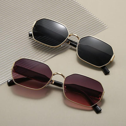 Gold Frame and Black Grey Lenses Modern Retro Geometric Sunglasses - Chic Metal Frame with UV400 Lenses and Black PU Leather Protective Case.