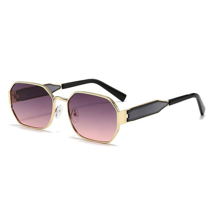Gold Frame and Pink Grey Lenses Modern Retro Geometric Sunglasses - Chic Metal Frame with UV400 Lenses and Black PU Leather Protective Case.