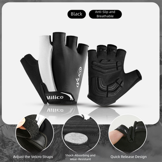 Size M Black Padded Half-Finger Cycling Gloves - Breathable Shock-Absorbing Workout Gloves for Gym & Fitness.
