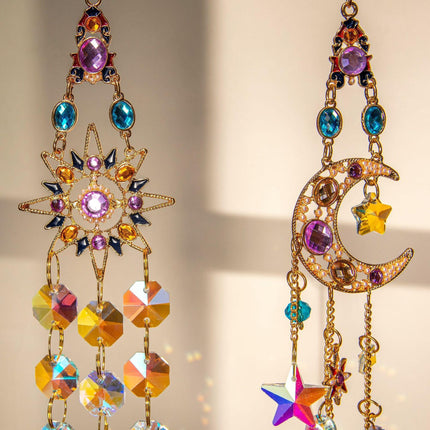 Colorful Dazzling Celestial Crystal Suncatcher - Moon Shape Rainbow Maker Window Hanging Ornament.