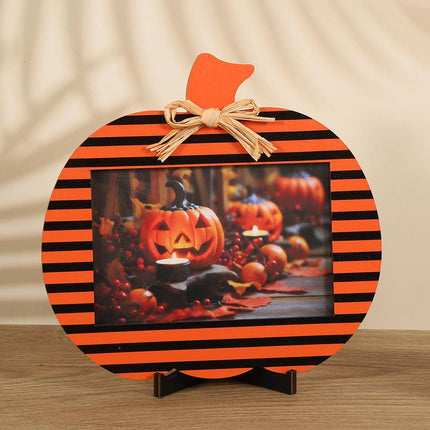 Black and Orange Stripes Pattern Festive Pumpkin Photo Frame - Rustic Halloween Tabletop Picture Holder.
