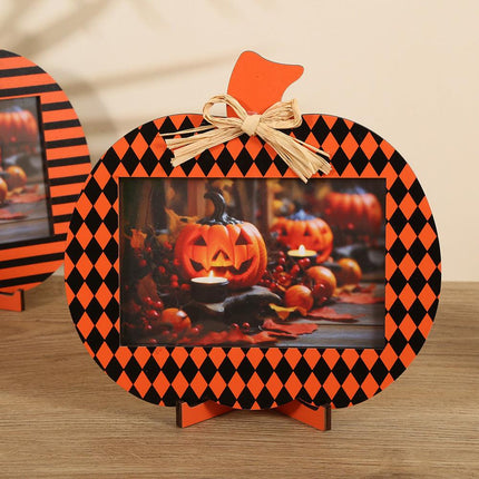 Black and Orange Plaid Pattern Festive Pumpkin Photo Frame - Rustic Halloween Tabletop Picture Holder.