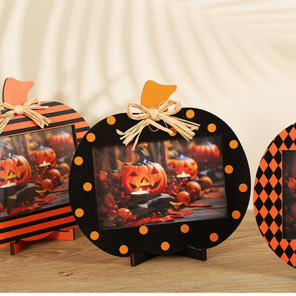 Black and Orange Plaid Pattern Festive Pumpkin Photo Frame - Rustic Halloween Tabletop Picture Holder.