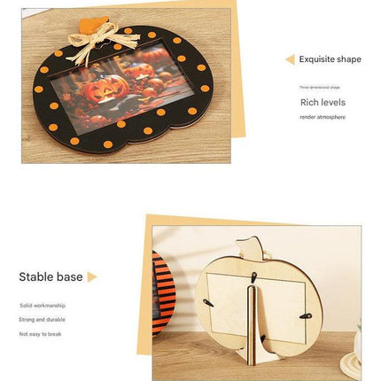 Black and Orange Plaid Pattern Festive Pumpkin Photo Frame - Rustic Halloween Tabletop Picture Holder.