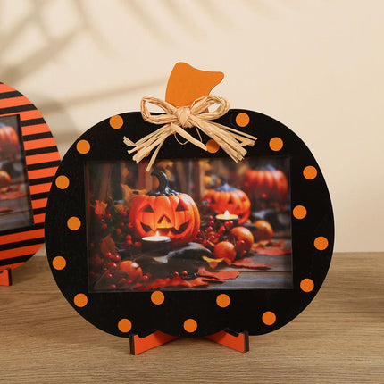 Black and Orange Polka Dot Pattern Festive Pumpkin Photo Frame - Rustic Halloween Tabletop Picture Holder.