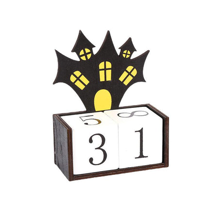 Black Castle Shape Festive Halloween Countdown Blocks - Reusable Wooden Perpetual Calendar for Desk Decor.