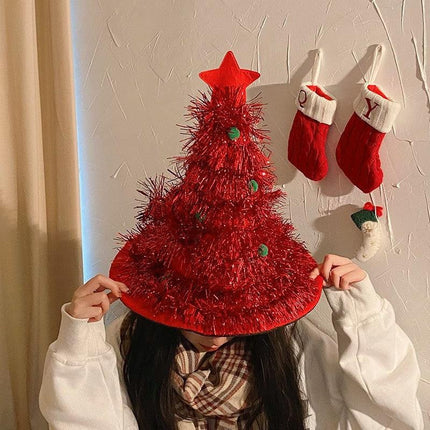 Red Sparkly Tinsel Christmas Tree Hat - Festive Holiday Party Headwear for Adults & Kids.