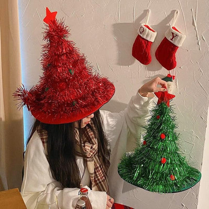 Red Sparkly Tinsel Christmas Tree Hat - Festive Holiday Party Headwear for Adults & Kids.