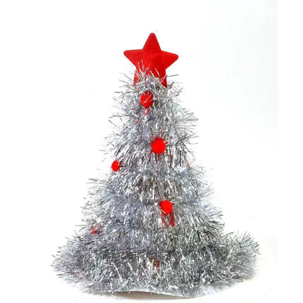 Silver Sparkly Tinsel Christmas Tree Hat - Festive Holiday Party Headwear for Adults & Kids.