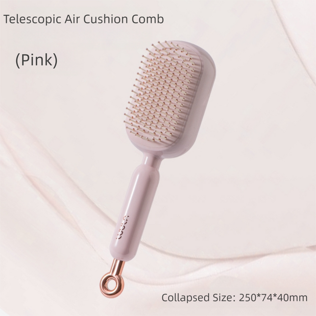 Pink Innovative Self-Cleaning Cushion Hairbrush - Retractable Bristle Detangling & Scalp Massager.