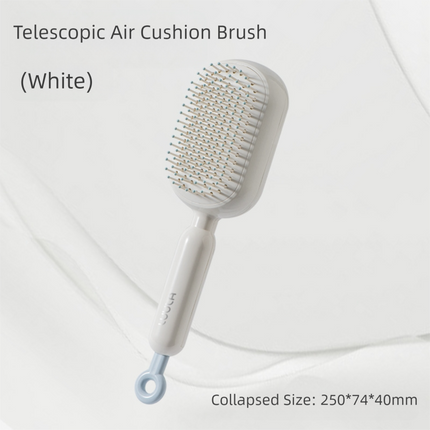 White Innovative Self-Cleaning Cushion Hairbrush - Retractable Bristle Detangling & Scalp Massager.