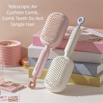 White Innovative Self-Cleaning Cushion Hairbrush - Retractable Bristle Detangling & Scalp Massager.
