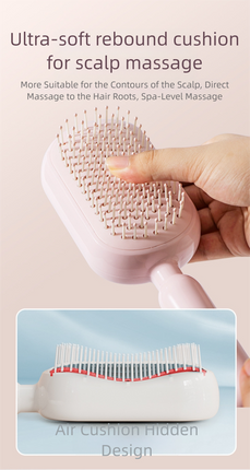 White Innovative Self-Cleaning Cushion Hairbrush - Retractable Bristle Detangling & Scalp Massager.