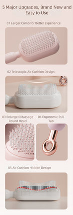 White Innovative Self-Cleaning Cushion Hairbrush - Retractable Bristle Detangling & Scalp Massager.