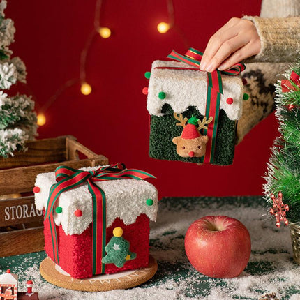 Red and White Luxe Plush Christmas Gift Box - Decorative Holiday Treat Box with Snowy Trim.