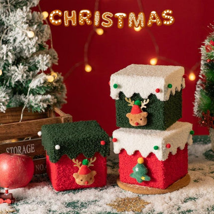 Red and White Luxe Plush Christmas Gift Box - Decorative Holiday Treat Box with Snowy Trim.