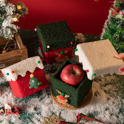 Red and White Luxe Plush Christmas Gift Box - Decorative Holiday Treat Box with Snowy Trim.
