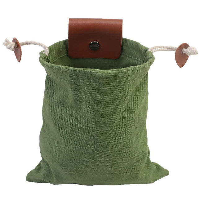 Green Collapsible Canvas Foraging Pouch - Hands-Free Belt Bag for Hiking & Camping Activities.