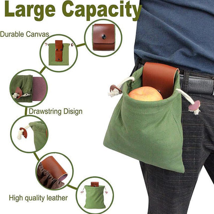 Green Collapsible Canvas Foraging Pouch - Hands-Free Belt Bag for Hiking & Camping Activities.