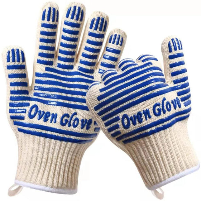 Blue and White Extreme Heat Resistant BBQ Gloves - Cut-Resistant Oven Mitts with Non-Slip Silicone Grip.