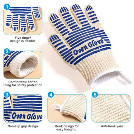 Blue and White Extreme Heat Resistant BBQ Gloves - Cut-Resistant Oven Mitts with Non-Slip Silicone Grip.