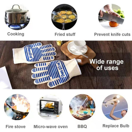 Blue and White Extreme Heat Resistant BBQ Gloves - Cut-Resistant Oven Mitts with Non-Slip Silicone Grip.