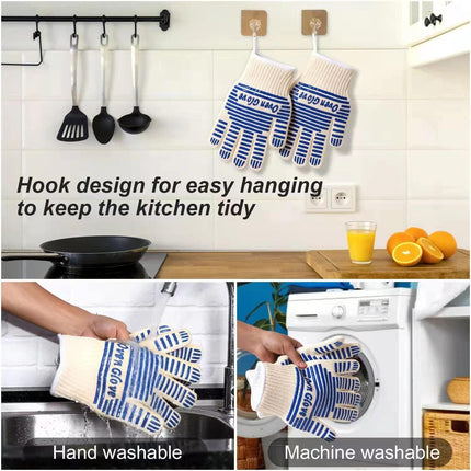 Blue and White Extreme Heat Resistant BBQ Gloves - Cut-Resistant Oven Mitts with Non-Slip Silicone Grip.