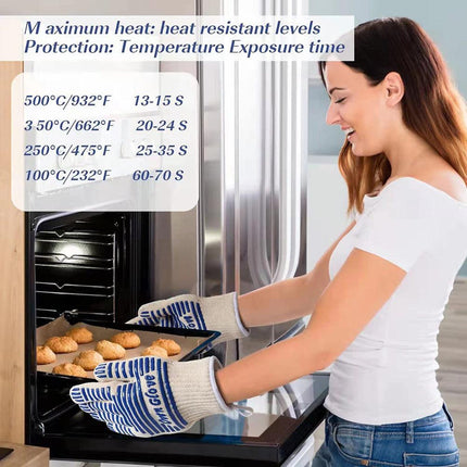 Blue and White Extreme Heat Resistant BBQ Gloves - Cut-Resistant Oven Mitts with Non-Slip Silicone Grip.