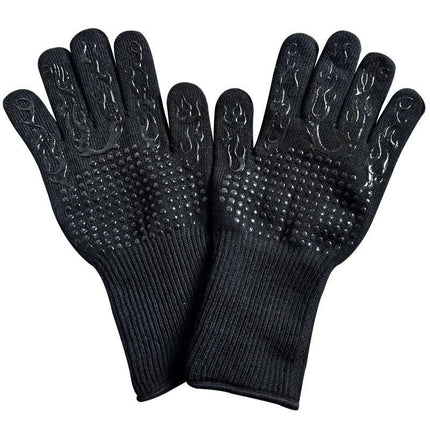 Black Flame Pattern Extreme Heat Resistant BBQ Gloves - 500°C Flame Design Oven Gloves with Non-Slip Silicone Grip.