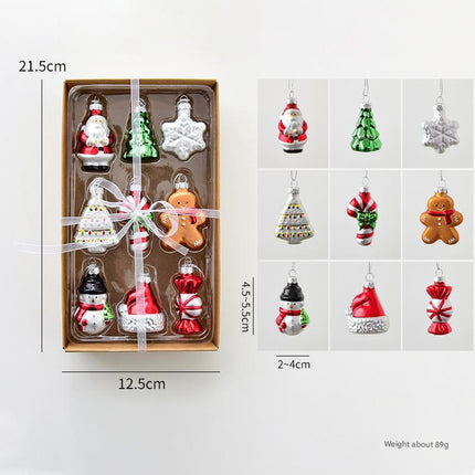 Style A Colorful Charming Miniature Glass Christmas Ornament Set - 9pc Classic Holiday Figures.