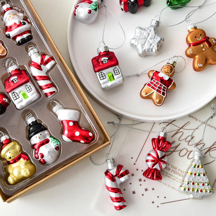 Style C Colorful Dainty Miniature Glass Christmas Ornament Set - 6pc Micro Holiday Characters.