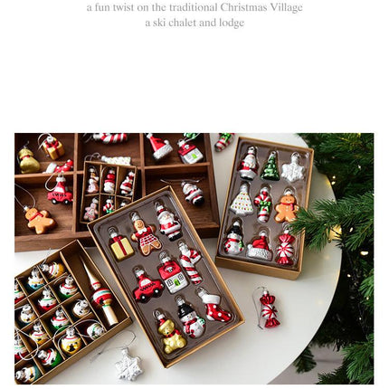Style C Colorful Dainty Miniature Glass Christmas Ornament Set - 6pc Micro Holiday Characters.