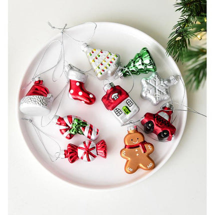 Style C Colorful Dainty Miniature Glass Christmas Ornament Set - 6pc Micro Holiday Characters.