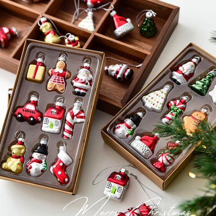 Style C Colorful Dainty Miniature Glass Christmas Ornament Set - 6pc Micro Holiday Characters.