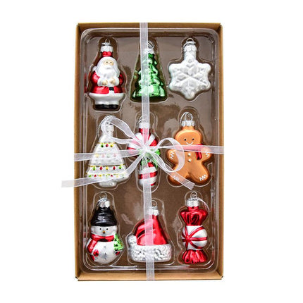 Style C Colorful Dainty Miniature Glass Christmas Ornament Set - 6pc Micro Holiday Characters.