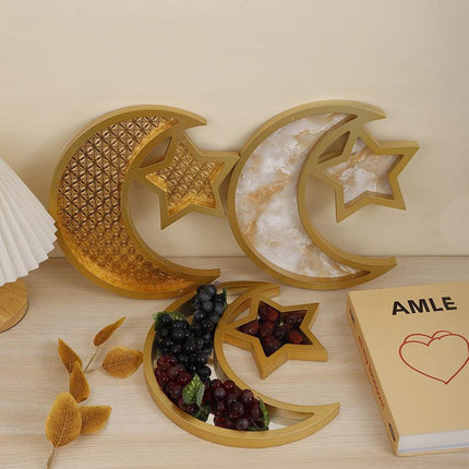 2 Pcs Gold Marble Effect Elegant Celestial Moon & Star Serving Tray - Gold Finish Decorative Platter for Home & Holidays.