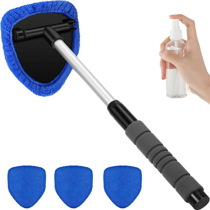 Blue Car Windshield Cleaner Tool, Inside with 4 Reusable and Washable Microfiber Pads and Extendable Handle, Moisture Removal Tool.