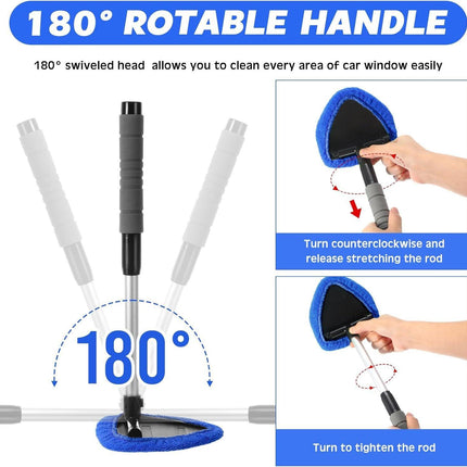 Blue Car Windshield Cleaner Tool, Inside with 4 Reusable and Washable Microfiber Pads and Extendable Handle, Moisture Removal Tool.