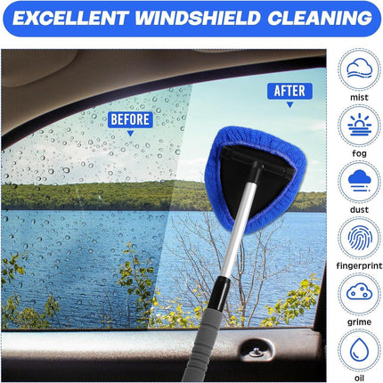 Blue Car Windshield Cleaner Tool, Inside with 4 Reusable and Washable Microfiber Pads and Extendable Handle, Moisture Removal Tool.