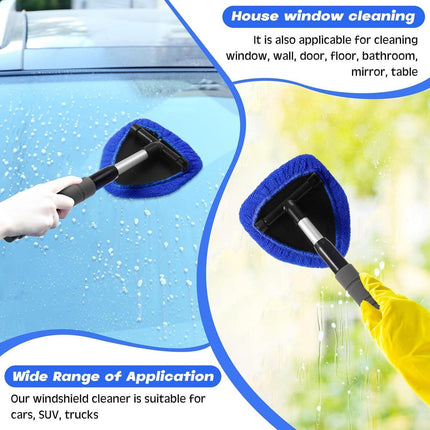 Blue Car Windshield Cleaner Tool, Inside with 4 Reusable and Washable Microfiber Pads and Extendable Handle, Moisture Removal Tool.