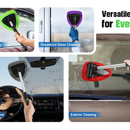 Blue Car Windshield Cleaner Tool, Inside with 4 Reusable and Washable Microfiber Pads and Extendable Handle, Moisture Removal Tool.