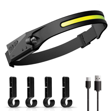1 Piece Black Bright COB LED Headlamp with Motion Sensor - 230° Wide Beam for Outdoor Camping, Hiking & Fishing.
