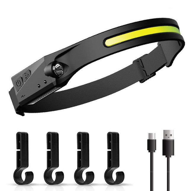 1 Piece Black Bright COB LED Headlamp with Motion Sensor - 230° Wide Beam for Outdoor Camping, Hiking & Fishing.