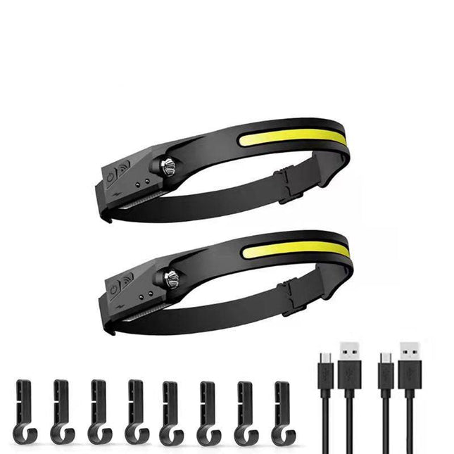 2 Pcs Black Bright COB LED Headlamp with Motion Sensor - 230° Wide Beam for Outdoor Camping, Hiking & Fishing.