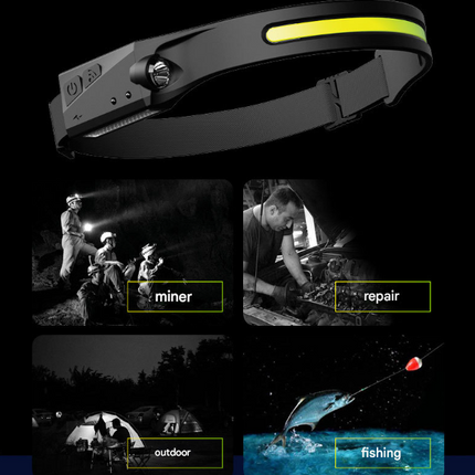 2 Pcs Black Bright COB LED Headlamp with Motion Sensor - 230° Wide Beam for Outdoor Camping, Hiking & Fishing.