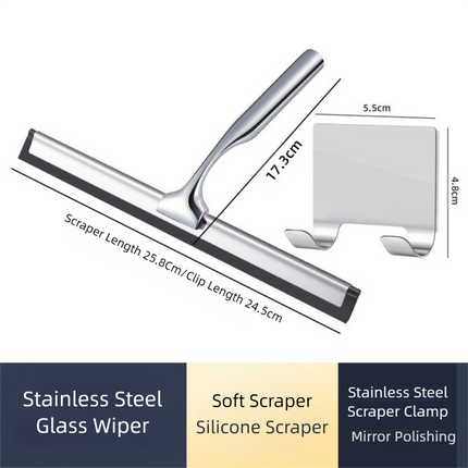 Silver Premium Stainless Steel Shower Squeegee with Adhesive Hook Holder - Streak-Free Blade for Glass Doors, Windows & Mirrors.