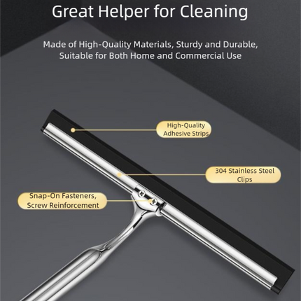 Silver Premium Stainless Steel Shower Squeegee with Adhesive Hook Holder - Streak-Free Blade for Glass Doors, Windows & Mirrors.