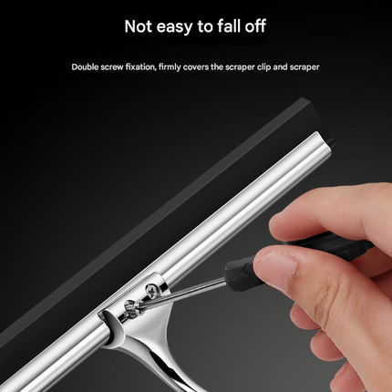 Silver Premium Stainless Steel Shower Squeegee with Adhesive Hook Holder - Streak-Free Blade for Glass Doors, Windows & Mirrors.